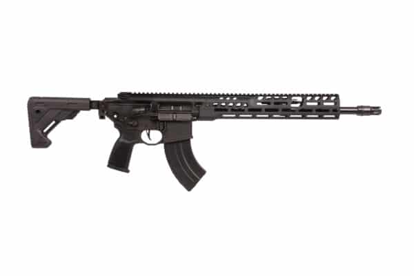 Black semi-automatic rifle on white background