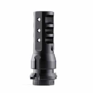 Black firearm muzzle brake, side view
