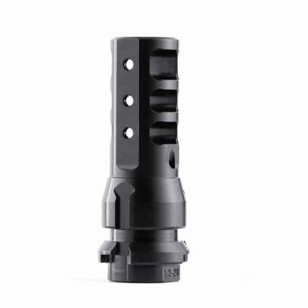 Black firearm muzzle brake, side view