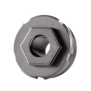 Hexagonal threaded metal nut close-up view