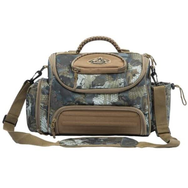 Camouflage fishing tackle bag with adjustable strap.
