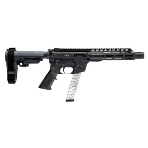 Black rifle with tactical stock and magazine.