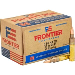 Frontier 5.56 NATO ammunition box and bullets.