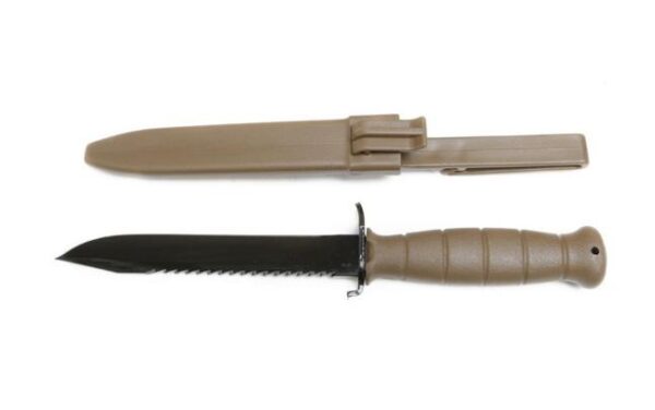 Survival knife with sheath on white background.