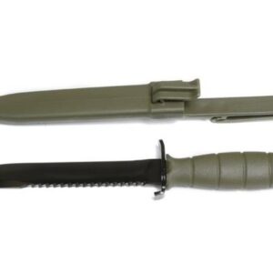 Green tactical knife with sheath on white background.