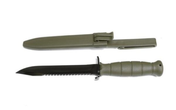 Green tactical knife with sheath on white background.