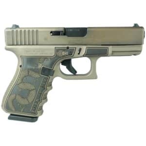 Tan and black Glock pistol side view