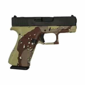 Camouflage-patterned semi-automatic handgun, side view.