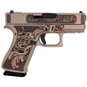 Ornate engraved handgun with floral design.