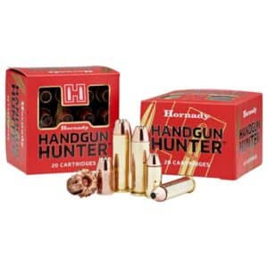 Hornady Handgun Hunter ammunition boxes and cartridges.