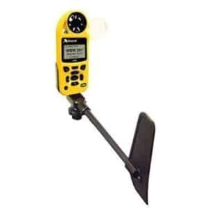 Yellow handheld weather meter with black wind vane