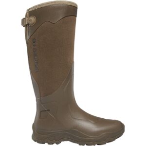 Brown knee-high waterproof boot for outdoor activities.
