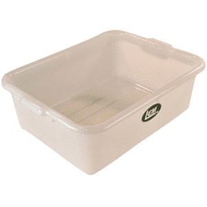 White plastic dishwashing tub with logo.