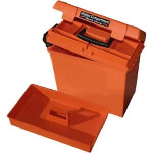 Orange storage box with hidden compartment lid.