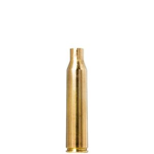 Brass rifle bullet casing isolated on white background.