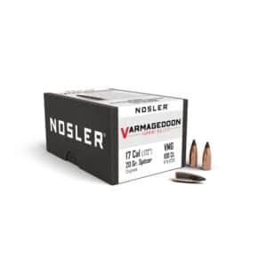 Nosler Varmageddon ammunition box with bullets.
