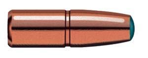 Copper bullet with green tip on white background.