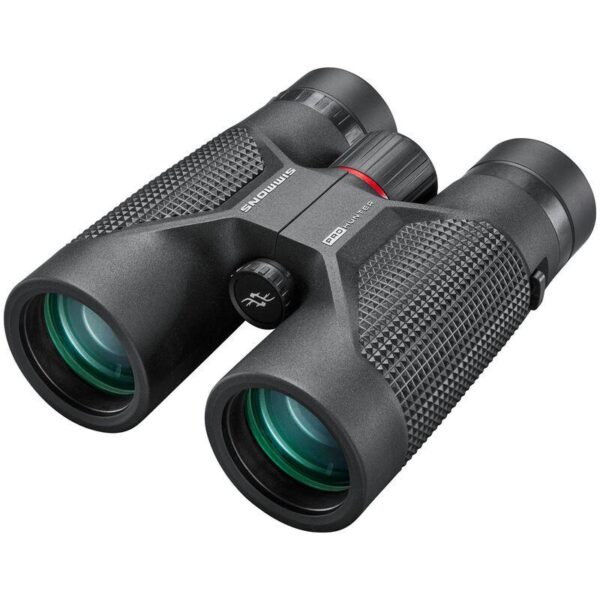 Black binoculars with textured grip and green lenses.