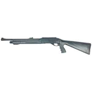 Black tactical pump-action shotgun side view.