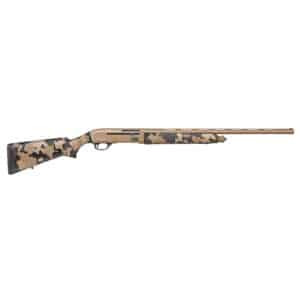 Camouflage hunting shotgun with long barrel.