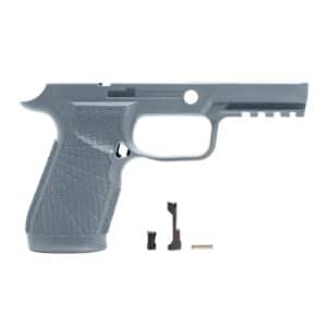 Gray gun frame with firearm components