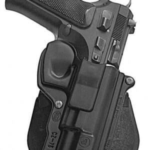 Black handgun in a holster, side view.
