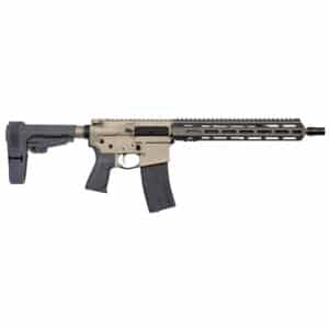 Tactical rifle with a gray and tan finish.