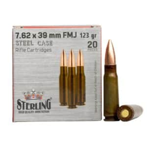 Sterling 7.62x39mm rifle ammunition box and bullet.