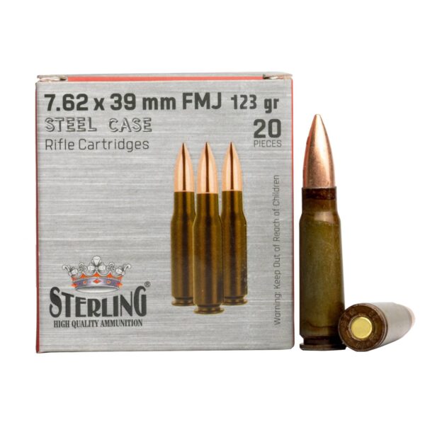 Sterling 7.62x39mm rifle ammunition box and bullet.
