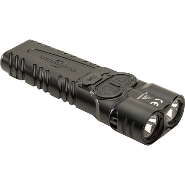 Black dual-head LED flashlight, USB rechargeable.