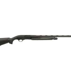 Black semi-automatic shotgun on white background