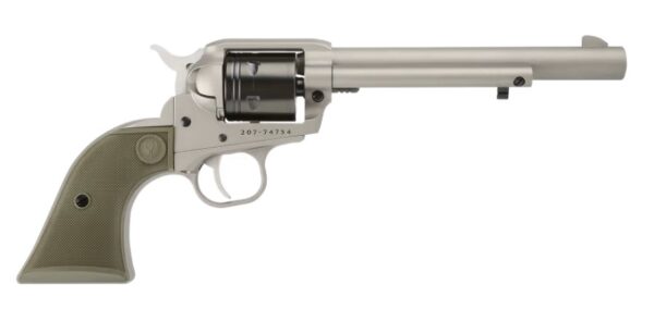 Revolver handgun with long barrel, side view.
