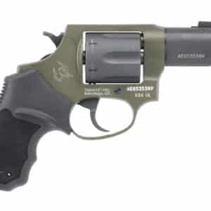 Taurus 856 UL revolver, olive green finish, side view.