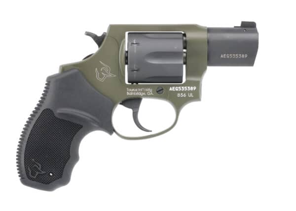 Taurus 856 UL revolver, olive green finish, side view.