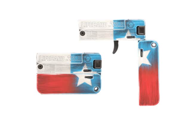 LifeCard .22LR foldable firearm with Texas flag design.