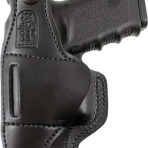 Black leather gun holster with firearm.
