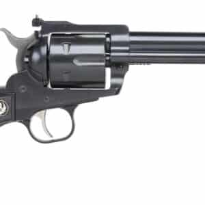 Black single-action revolver on white background