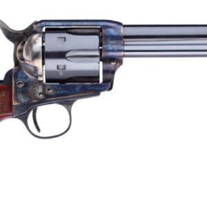 Vintage revolver with wooden grip and metal barrel.