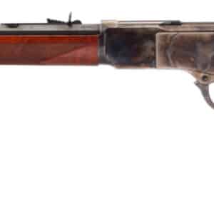 Lever-action rifle with wooden stock and leather cover.