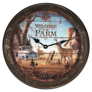 Vintage farm clock with truck and deer scene.