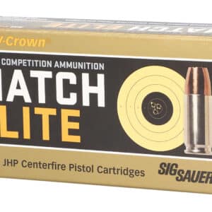 Match Elite pistol ammunition box with bullet image.