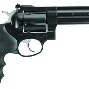 Black Ruger GP100 revolver on white background