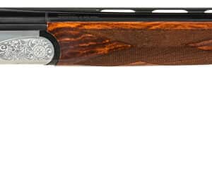 Side view of a double-barrel shotgun on white.