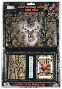 Deer playing cards and dice in tin box.