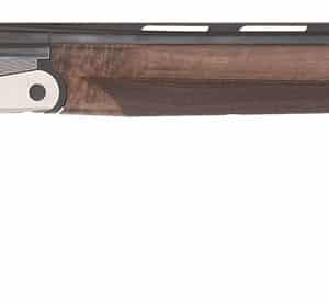 Double-barrel shotgun with wooden stock and metal barrels.