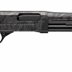 Camouflage pump-action shotgun on white background.
