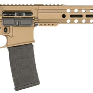 Semi-automatic rifle with tan and black colors.
