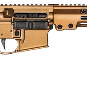 Desert-colored AR-15 rifle with rail system.