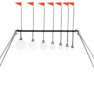 Steel frame holding seven hanging large circular targets.