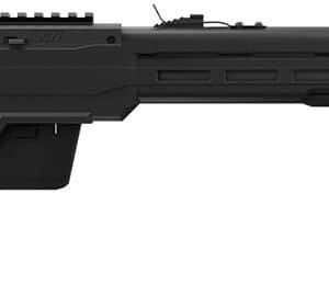 Black rifle with adjustable stock and scope mount.